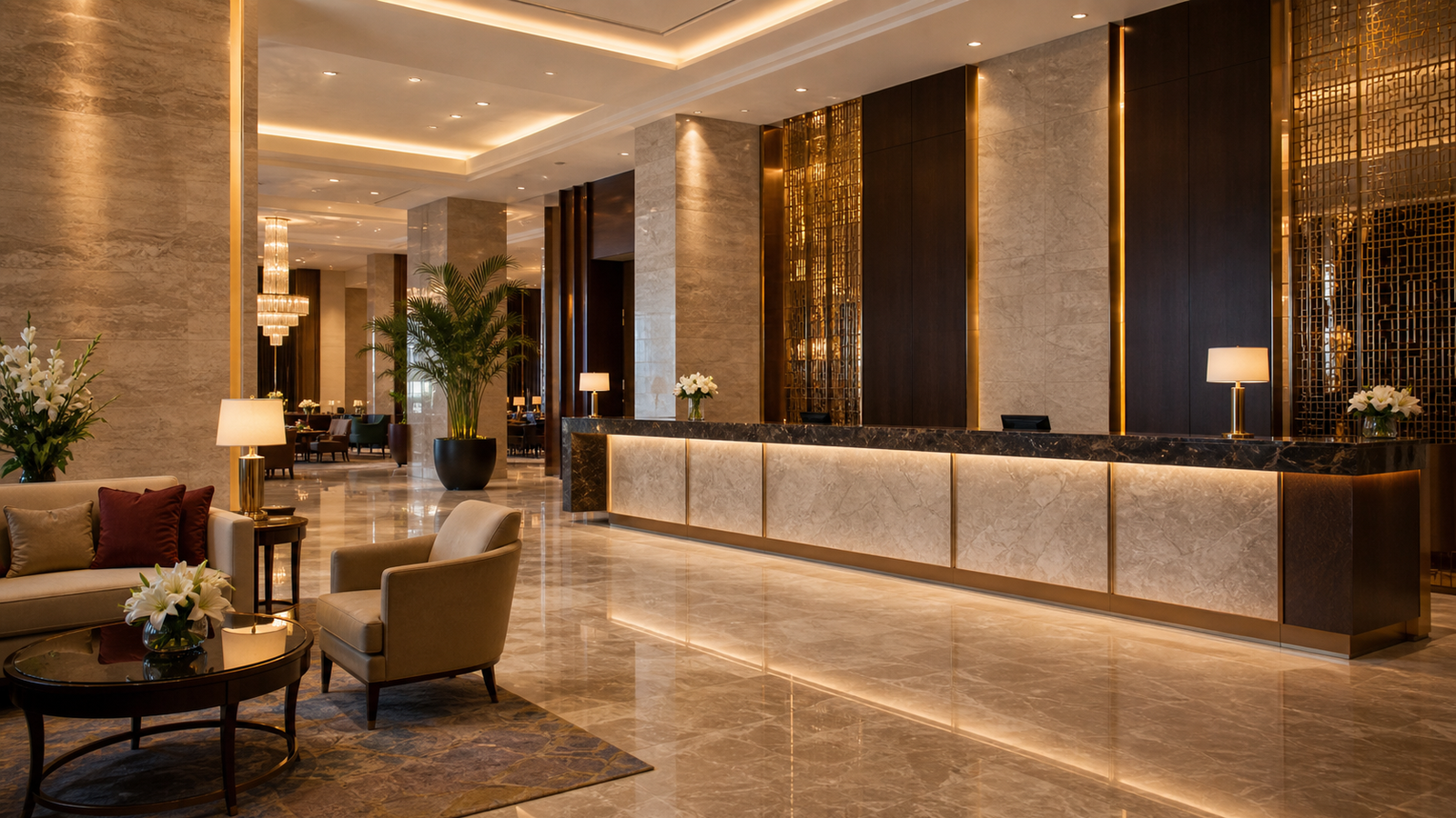 The Velvet Crown Hotel reception lobby